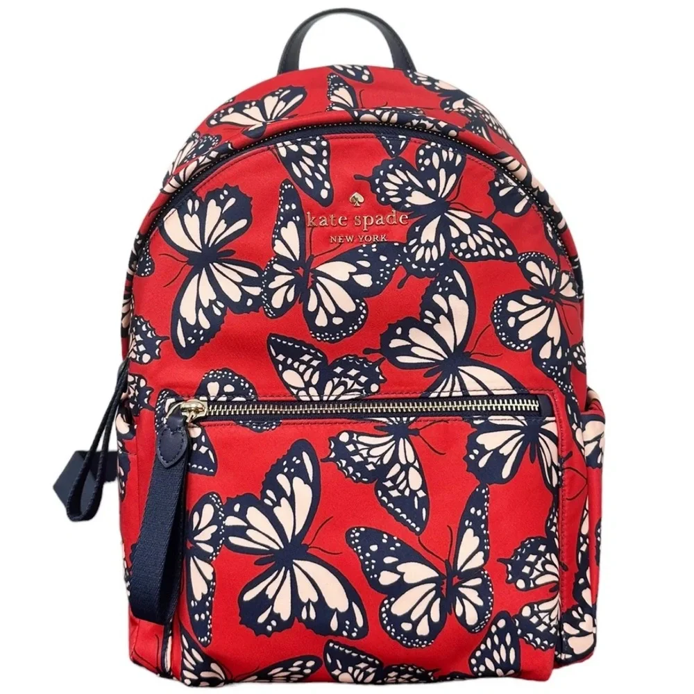 Kate Spade Chelsea The Little Better Medium Nylon Backpack Butterfly Print Red - Picture 2 of 7